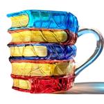 AKLOPE Handmade Glass Book Coffee Mug, 7oz, Stackable 3D Design, Blue and Amber Colored(Small)