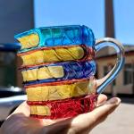 AKLOPE Handmade Glass Book Coffee Mug, 7oz, Stackable 3D Design, Blue and Amber Colored(Small)