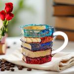AKLOPE Handmade Glass Book Coffee Mug, 7oz, Stackable 3D Design, Blue and Amber Colored(Small)