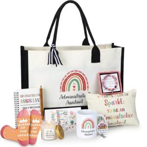 Aliceset 10 Pcs Administrative Assistant Appreciation Gifts Set Include Coffee Mug Candle Canvas Tote Cosmetic Bag Bracelet Badge Holder Socks Notebook Ballpoint Pen Gift Card for Secretary Women