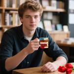 AKLOPE Handmade Glass Book Coffee Mug, 7oz, Stackable 3D Design, Blue and Amber Colored(Small)