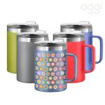 Oggi ThermoMug Stainless Steel Insulated Mug- Double Wall Vacuum Insulated w/Handle & Lid, Coffee Cup, Camping Mug, Travel Thermos, 14oz(420ml), Happy Flowers