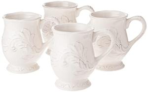 Firenze Ivory 16 oz Pedestal Ceramic Mugs, Set of 4 – Vintage-Inspired Embossed Drinkware with Easy Grip Handle – Elegant White Coffee and Tea Cups for Everyday or Entertaining