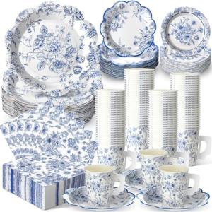 Pickmesh 252 Pcs Blue Floral Tea Party Supplies for 36 Guests Blue and White Porcelain Paper Disposable Dinnerware Floral Teacups with Handle and Saucers Set for Tea Party Decorations Birthday Wedding