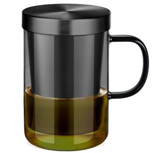 ecooe 16.9oz Glass Tea Cup with Infuser and Lid Clear Glass Tea Cup with Removable Stainless Steel Infuser & Lid, 500ml Teacup for Loose Leaf Tea, Tea Maker Gift for Birthday (Black Glass)