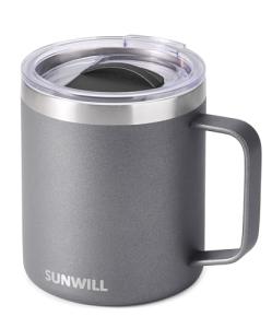 SUNWILL Travel Coffee Mug with Lid, Insulated Tumbler with Handle, 14 oz Stainless Steel Cup for Ice, Water, Tea, Cool Grey