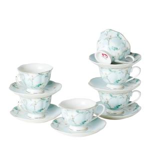 PRECITIME Porcelain Tea Cup and Saucer Set of 6 (12-Piece) – Ceramic 6oz Embossed Floral Cups with Gold Trim, Elegant Set for Afternoon Tea & Gifting