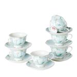 PRECITIME Porcelain Tea Cup and Saucer Set of 6 (12-Piece) – Ceramic 6oz Embossed Floral Cups with Gold Trim, Elegant Set for Afternoon Tea & Gifting