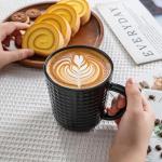 Ceramic Coffee Mugs Set of 4, 14oz Black Coffee Cups with Embossed Grid Texture, Modern Minimalist Coffee Mug for Latte Cappuccino Tea Cocoa, Dishwasher & Microwave Safe, Ideal Housewarming Gift