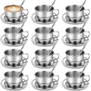 Yiyiring 12 Pack Stainless Steel Coffee Cup Set, 6.8 oz Coffee Cups Mugs with Saucer and Spoon Double Wall Espresso Silver Cup with Handle for Cappuccino, Tea, Milk, Ideal Gift for Espresso Tea Lover