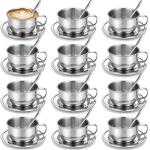 Yiyiring 12 Pack Stainless Steel Coffee Cup Set, 6.8 oz Coffee Cups Mugs with Saucer and Spoon Double Wall Espresso Silver Cup with Handle for Cappuccino, Tea, Milk, Ideal Gift for Espresso Tea Lover