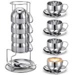 Singhoow 4 Pack Stainless Steel Coffee Cup Set 6 oz Espresso Cups Coffee Mugs with Spoons, Saucers and Metal Stand for Drinks, Latte, Tea, Milk(180 ml)