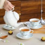 PRECITIME Porcelain Tea Cup and Saucer Set of 6 (12-Piece) – Ceramic 6oz Embossed Floral Cups with Gold Trim, Elegant Set for Afternoon Tea & Gifting