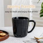 Ceramic Coffee Mugs Set of 4, 14oz Black Coffee Cups with Embossed Grid Texture, Modern Minimalist Coffee Mug for Latte Cappuccino Tea Cocoa, Dishwasher & Microwave Safe, Ideal Housewarming Gift