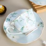 PRECITIME Porcelain Tea Cup and Saucer Set of 6 (12-Piece) – Ceramic 6oz Embossed Floral Cups with Gold Trim, Elegant Set for Afternoon Tea & Gifting