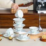 PRECITIME Porcelain Tea Cup and Saucer Set of 6 (12-Piece) – Ceramic 6oz Embossed Floral Cups with Gold Trim, Elegant Set for Afternoon Tea & Gifting