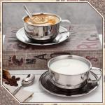 Yiyiring 12 Pack Stainless Steel Coffee Cup Set, 6.8 oz Coffee Cups Mugs with Saucer and Spoon Double Wall Espresso Silver Cup with Handle for Cappuccino, Tea, Milk, Ideal Gift for Espresso Tea Lover