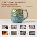 18oz Unique Kiln-Change Ceramic Coffee Mug, Handcrafted Hammered Texture Ceramic Mug with Ergonomic Handle, Microwave & Dishwasher Safe, Gift for Coffee Lovers, Home Office Daily Use (Green & Blue)