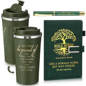 Pickmesh 3 Pcs Male Nurse Gifts Set 17 oz Coffee Tumbler A5 Leather Journal with Ballpoint Pen Nurse Appreciation Gift for Office Valentines Graduation Men Nursing CRNA Gifts (Green)