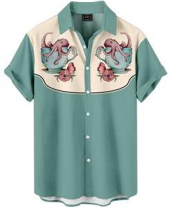 GoofyDaddy Men's Octopus Teacup Print Button Down Shirt, Sage Green and Cream, Short Sleeve Regular Fit, Casual Summer Shirt