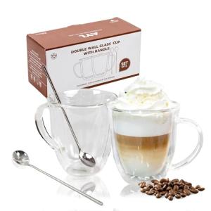 AYL Double Wall Glass Coffee Mugs - 13 oz Insulated Clear Latte Mugs Set of 2, Perfect for Espresso, Cappuccino, Latte, Tea - Elegant Glass Coffee Cups