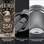 250th Anniversary Coffee Mug, 18 oz Insulated Mug, 250 Years America Garden Flag, Vintage Patriotic Design with 1776-2026 Dates, Military Anniversaries, Retirement & Holiday Commemorative Gift, Black
