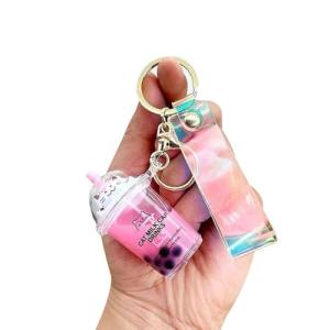 HSYHERE Men Women Creative Cute Lovely Simulation Fortune Cat Mini Bubble Tea Milk Tea Cup Keychain Keyrings, Moving Sand Car Key Chain Key Ring Bag Pendant Key Holder Strap Bell -Pink