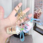 HSYHERE Men Women Creative Cute Lovely Simulation Fortune Cat Mini Bubble Tea Milk Tea Cup Keychain Keyrings, Moving Sand Car Key Chain Key Ring Bag Pendant Key Holder Strap Bell -Pink