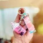 HSYHERE Men Women Creative Cute Lovely Simulation Fortune Cat Mini Bubble Tea Milk Tea Cup Keychain Keyrings, Moving Sand Car Key Chain Key Ring Bag Pendant Key Holder Strap Bell -Pink
