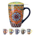 vancasso Ceramic Tea Mug with Infuser and Lid, 18 Ounce Bohemian Loose Leaf Cup, Microwave & Dishwasher Safe, Perfect for Tea, Coffee, Burnt-Cobalt Mandala