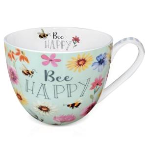 MFoffice 20 oz Bees & Flowers Coffee Hug Mug,“Be Happy” Designed to Spread Joy, Premium Bone China, Best Gifts for Mom Women Mothers Day, Designed in England by Harvest Green Studio