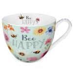 MFoffice 20 oz Bees & Flowers Coffee Hug Mug,“Be Happy” Designed to Spread Joy, Premium Bone China, Best Gifts for Mom Women Mothers Day, Designed in England by Harvest Green Studio