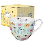 MFoffice 20 oz Bees & Flowers Coffee Hug Mug,“Be Happy” Designed to Spread Joy, Premium Bone China, Best Gifts for Mom Women Mothers Day, Designed in England by Harvest Green Studio