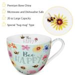 MFoffice 20 oz Bees & Flowers Coffee Hug Mug,“Be Happy” Designed to Spread Joy, Premium Bone China, Best Gifts for Mom Women Mothers Day, Designed in England by Harvest Green Studio
