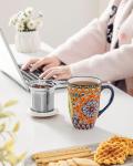 vancasso Ceramic Tea Mug with Infuser and Lid, 18 Ounce Bohemian Loose Leaf Cup, Microwave & Dishwasher Safe, Perfect for Tea, Coffee, Burnt-Cobalt Mandala
