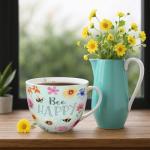 MFoffice 20 oz Bees & Flowers Coffee Hug Mug,“Be Happy” Designed to Spread Joy, Premium Bone China, Best Gifts for Mom Women Mothers Day, Designed in England by Harvest Green Studio