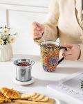 vancasso Ceramic Tea Mug with Infuser and Lid, 18 Ounce Bohemian Loose Leaf Cup, Microwave & Dishwasher Safe, Perfect for Tea, Coffee, Burnt-Cobalt Mandala