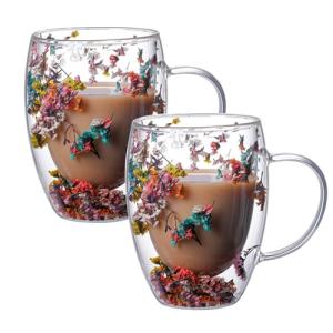 Viovian 13oz Double Wall Glass Coffee Mugs Set of 2 Insulated Glass Coffee Cups with Handles,Clear Dried Flower Tea Mug for for Hot Beverages,Tea Cup Women Birthday Gifts
