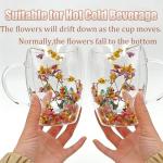Viovian 13oz Double Wall Glass Coffee Mugs Set of 2 Insulated Glass Coffee Cups with Handles,Clear Dried Flower Tea Mug for for Hot Beverages,Tea Cup Women Birthday Gifts