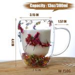 Viovian 13oz Double Wall Glass Coffee Mugs Set of 2 Insulated Glass Coffee Cups with Handles,Clear Dried Flower Tea Mug for for Hot Beverages,Tea Cup Women Birthday Gifts