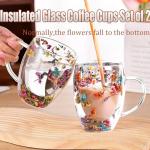 Viovian 13oz Double Wall Glass Coffee Mugs Set of 2 Insulated Glass Coffee Cups with Handles,Clear Dried Flower Tea Mug for for Hot Beverages,Tea Cup Women Birthday Gifts