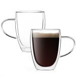 Aurzen Double Wall Glass Coffee Mug, 12oz Clear Latte Mug with Handles, Clear Cups for Tea, Beverages,Expresso, Juice, Milk Microwave Safe Set of 2