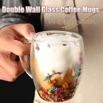 Viovian 13oz Double Wall Glass Coffee Mugs Set of 2 Insulated Glass Coffee Cups with Handles,Clear Dried Flower Tea Mug for for Hot Beverages,Tea Cup Women Birthday Gifts