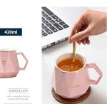 CGHWBEA Ceramic Coffee Mug with Lid and Spoon, Gold Trim, 400ml, Gift Box Set, Slow Down and Enjoy Life (Pink)
