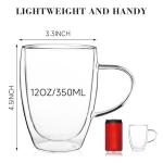 Aurzen Double Wall Glass Coffee Mug, 12oz Clear Latte Mug with Handles, Clear Cups for Tea, Beverages,Expresso, Juice, Milk Microwave Safe Set of 2