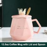 CGHWBEA Ceramic Coffee Mug with Lid and Spoon, Gold Trim, 400ml, Gift Box Set, Slow Down and Enjoy Life (Pink)