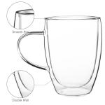 Aurzen Double Wall Glass Coffee Mug, 12oz Clear Latte Mug with Handles, Clear Cups for Tea, Beverages,Expresso, Juice, Milk Microwave Safe Set of 2
