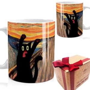SUUURA-OO Famous Art Paintings Funny Cat Coffee Mug for Artist Art Lover Teacher Cat Lovers, Famous Picture Classic Vincent Aesthetic Canvas Mug Birthday Gift for Women Man (The Scream)