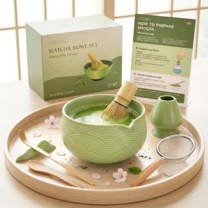 EDELHAUS Matcha Kit Whisk Set (7 Pcs) - Complete Matcha Set, Matcha Bowl with Spout, Whisk with Holder, Bamboo Scoop with Rest and Sifter, Perfect Kit for Matcha Lovers (Green Mist)