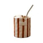 Haklxyg 10oz Ceramic Coffee Mug - Striped cup, Non-slip & Heat-resistant, for Coffee, Tea, Cold Drinks, Minimalist Desk or Couple's Cup, Microwave and Dishwasher Safe.Includes a straw. (Brown)